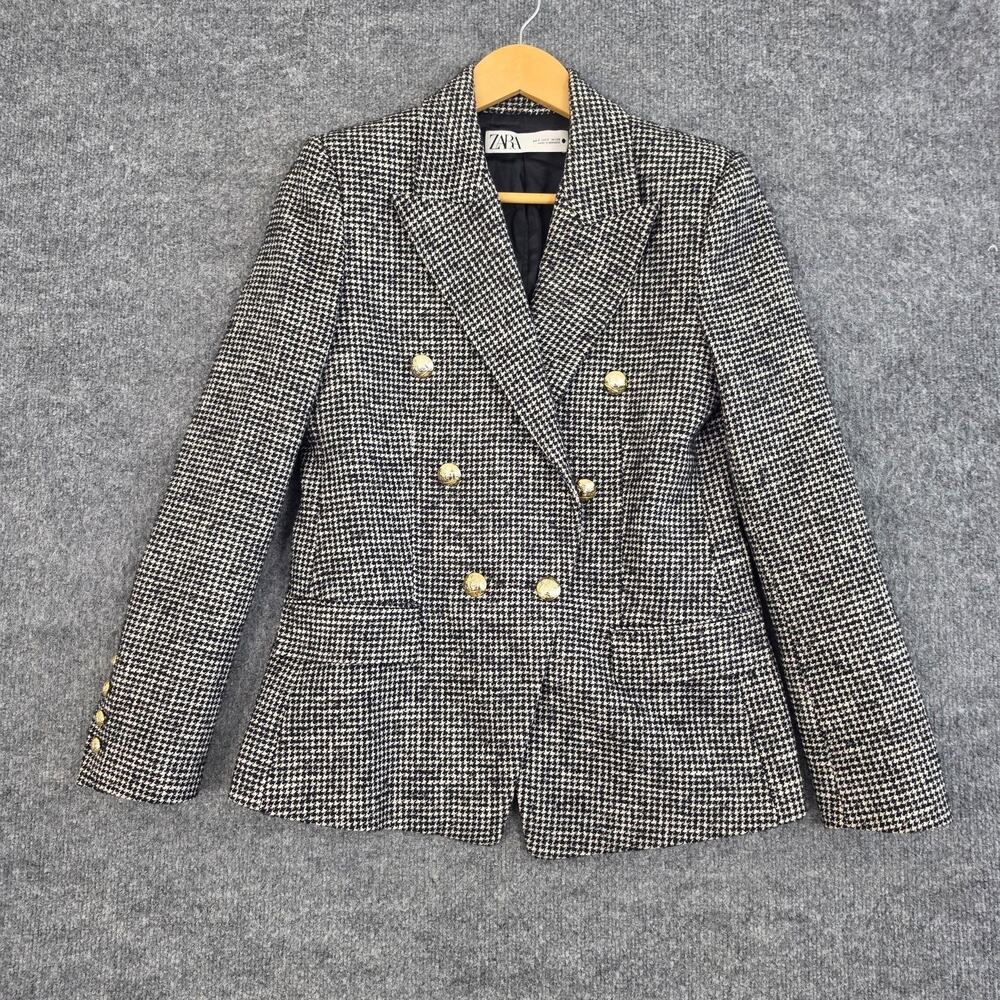 Zara Blazer Jacket Womens Small Black Houndstooth Tweed Double Breasted Office